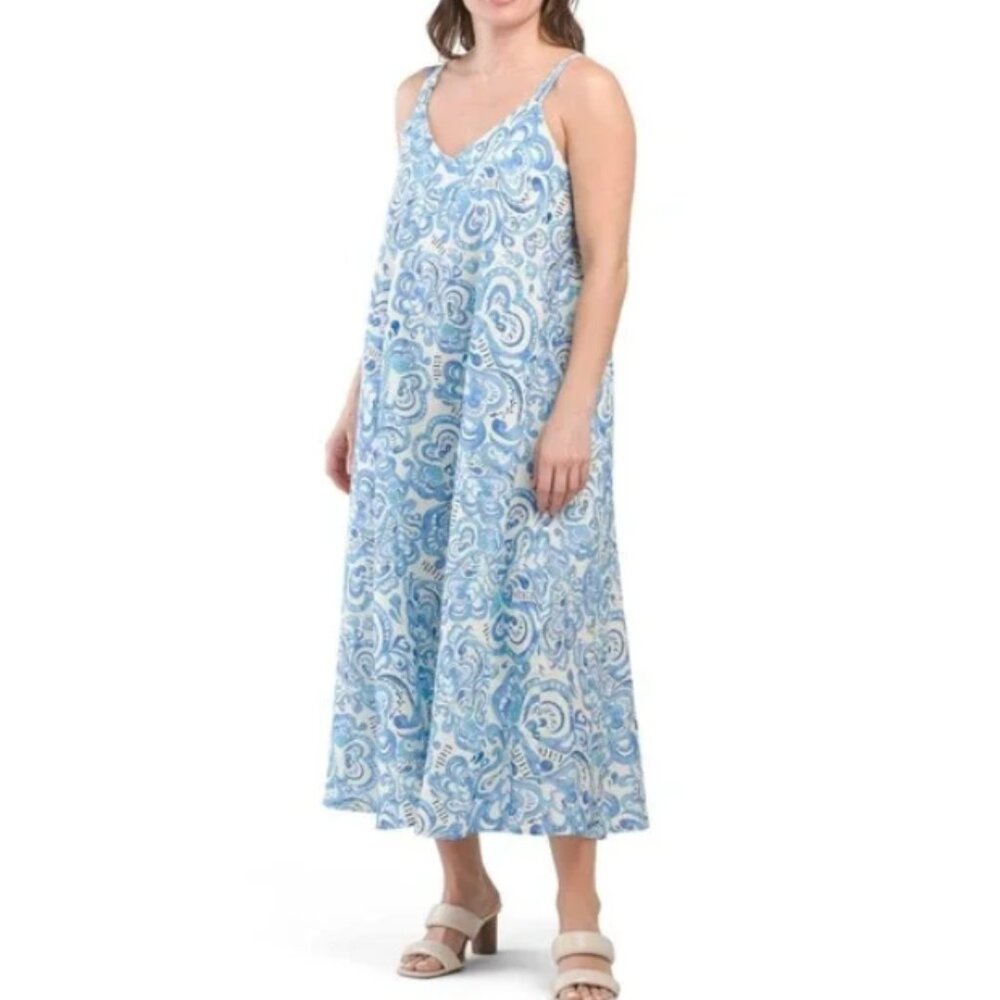 NWT Le Ragazze Maxi Dress Blue White Paisley Sleeveless V Neck Made in Italy